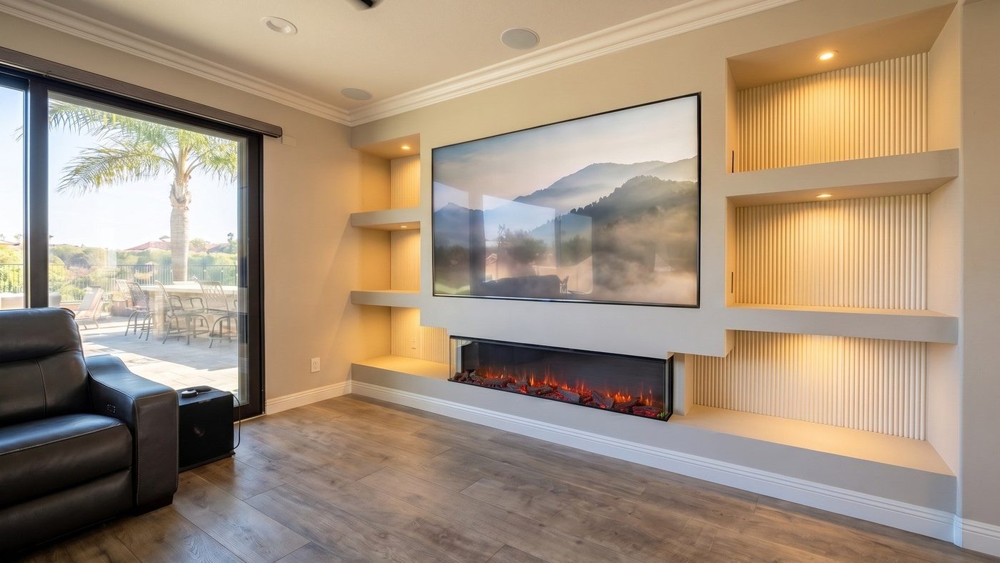 Wall-to-wall built-in media wall with linear fireplace and lit shelving
