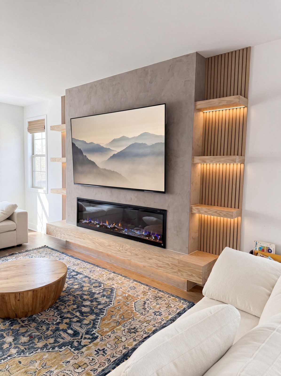 Roman clay and fluted oak TV feature wall with floating shelves