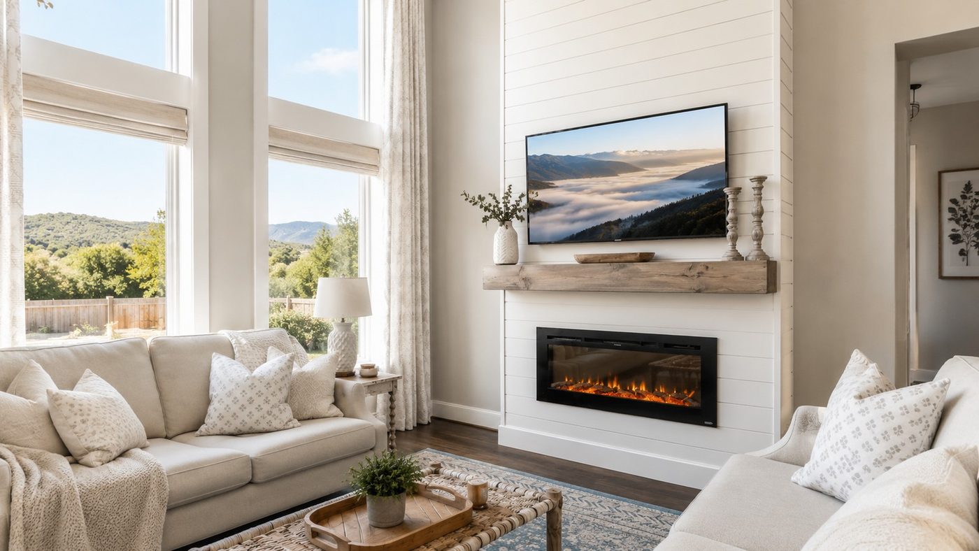 Shiplap and slat-panel feature wall around the TV