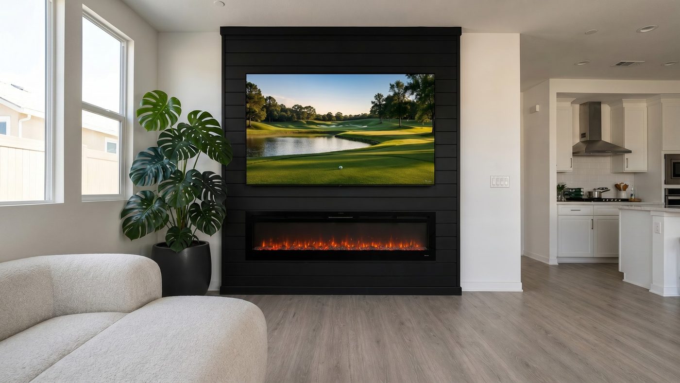 Shiplap and slat-panel feature wall around the TV