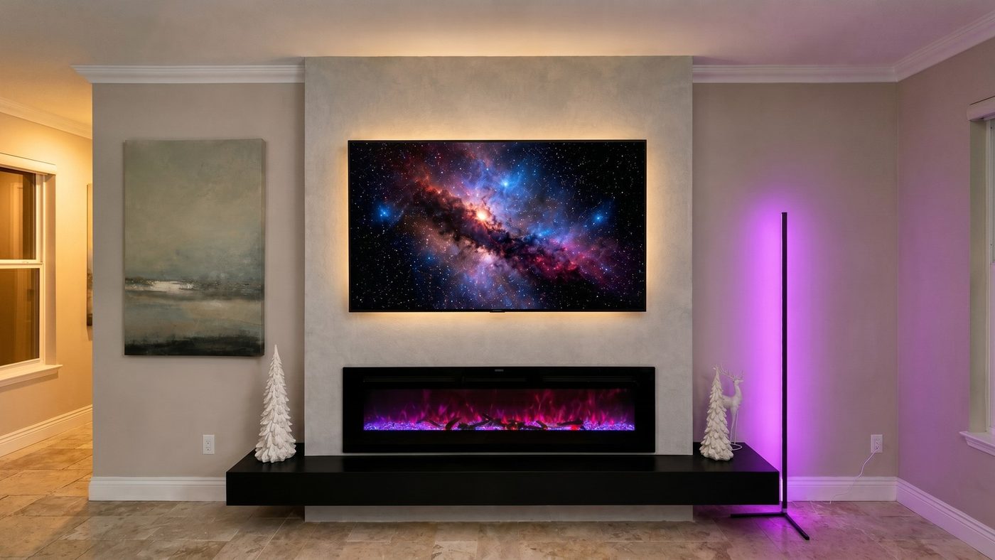 Minimalist panel media wall with a mounted TV and linear fireplace