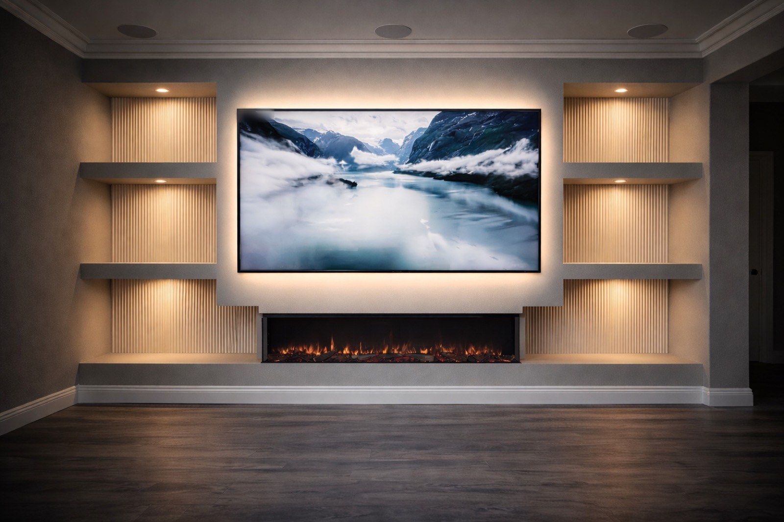 Fluted oak custom media wall with integrated lit niches